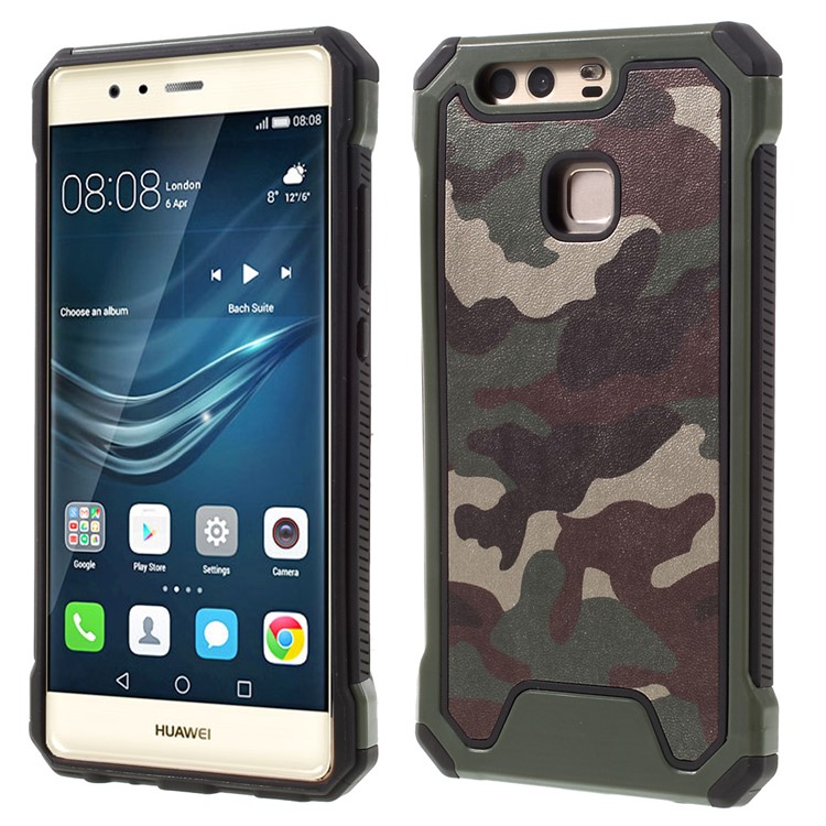 Camouflage Leather Coated PC TPU Back Case for Huawei P9 - Green-1