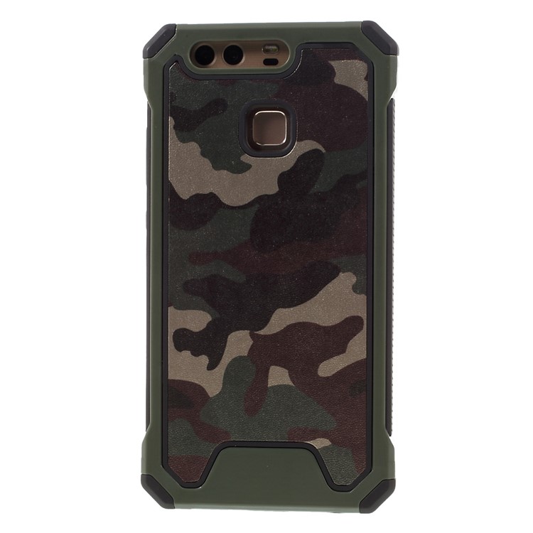 Camouflage Leather Coated PC TPU Back Case for Huawei P9 - Green-4