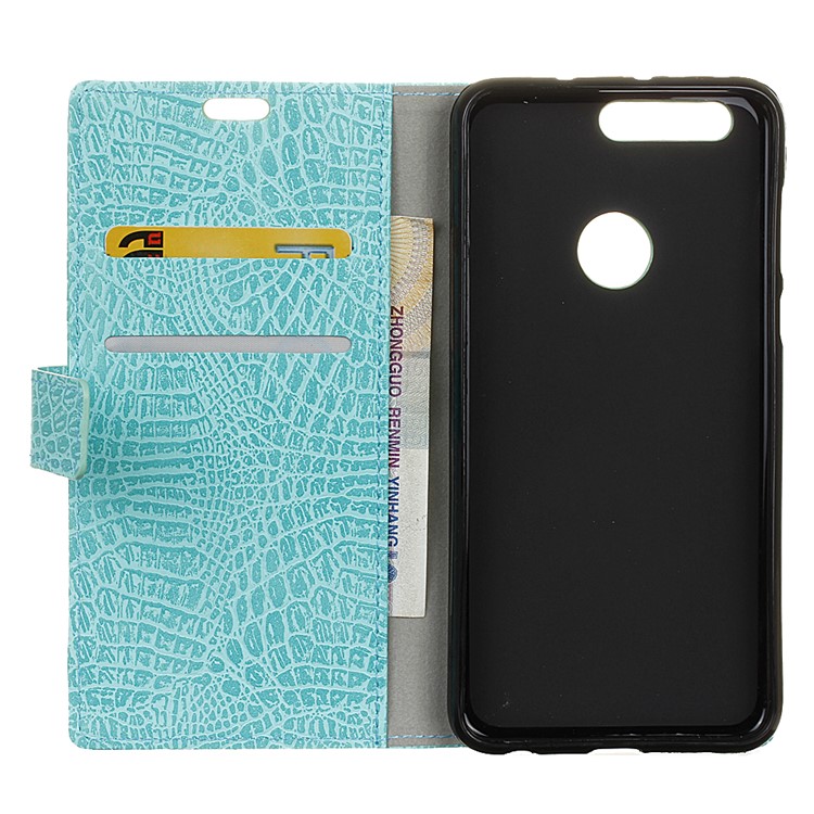 Crocodile Texture Leather Wallet Protector Case for Huawei Honor 8 - Cyan-4