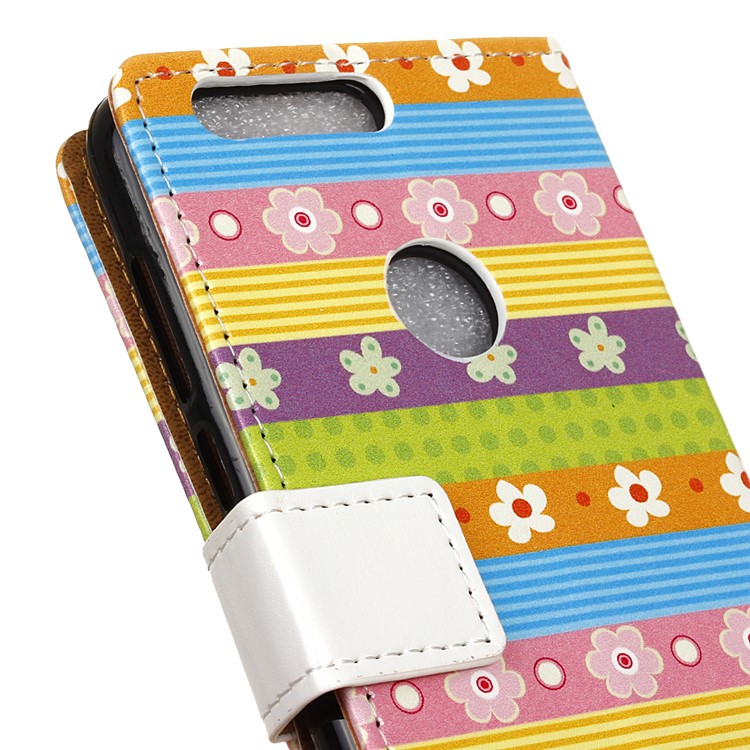 Patterned Leather Wallet Stand Case for Huawei Honor 8 - Colorful Stripes & Flowers-3