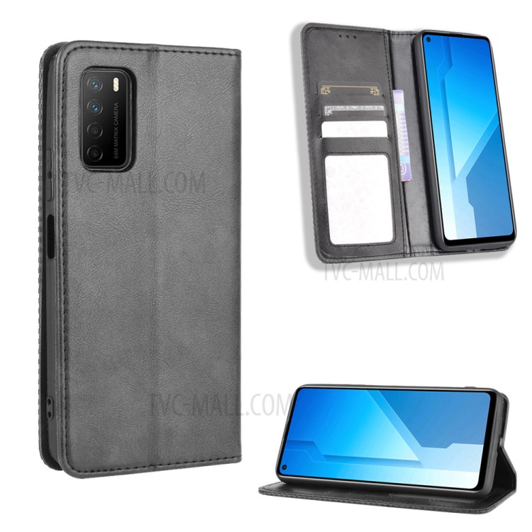 Vintage Style Leather Wallet Stand Case for Honor Play4 - Black-1