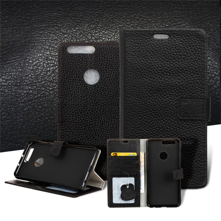 Litchi Genuine Leather Wallet Case for Huawei Honor 8 - Black-1