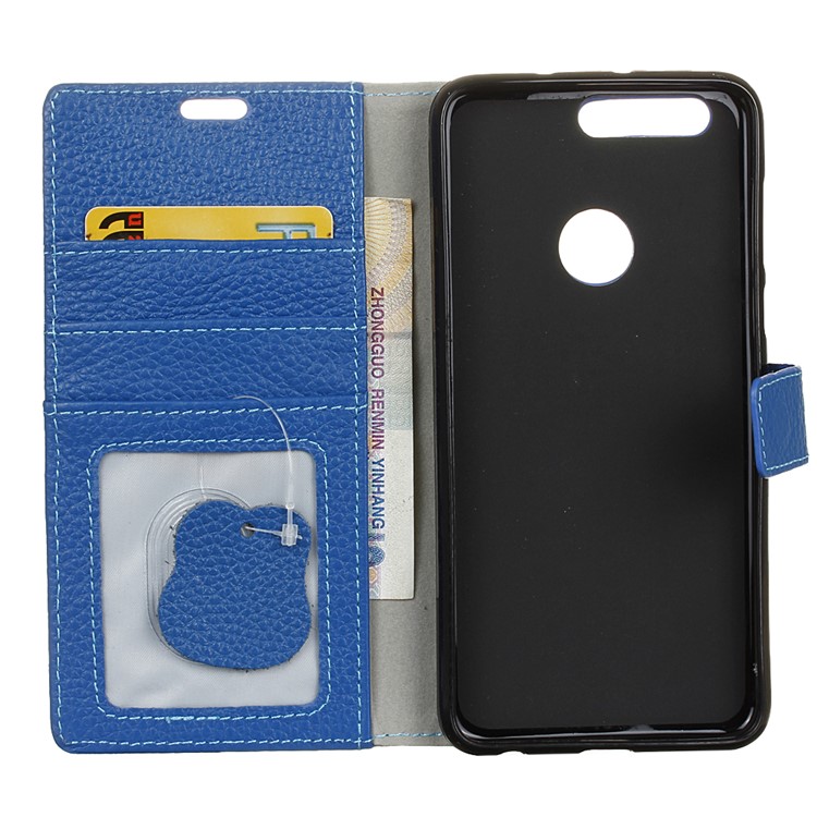 Litchi Genuine Leather Stand Phone Cover for Huawei Honor 8 - Blue-4