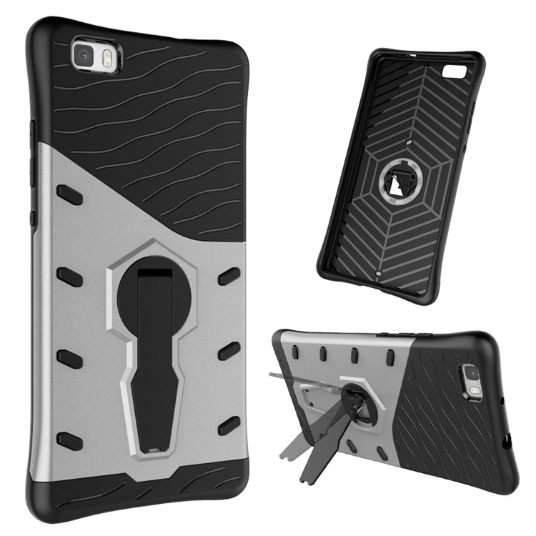 Armor Dual Layer PC + TPU Hybrid Defender Case for Huawei Ascend P8 Lite with Kickstand - Silver-1