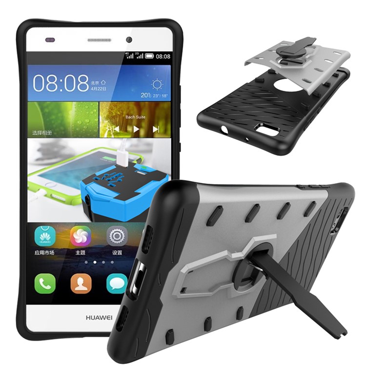 Armor Dual Layer PC + TPU Hybrid Defender Case for Huawei Ascend P8 Lite with Kickstand - Silver-2