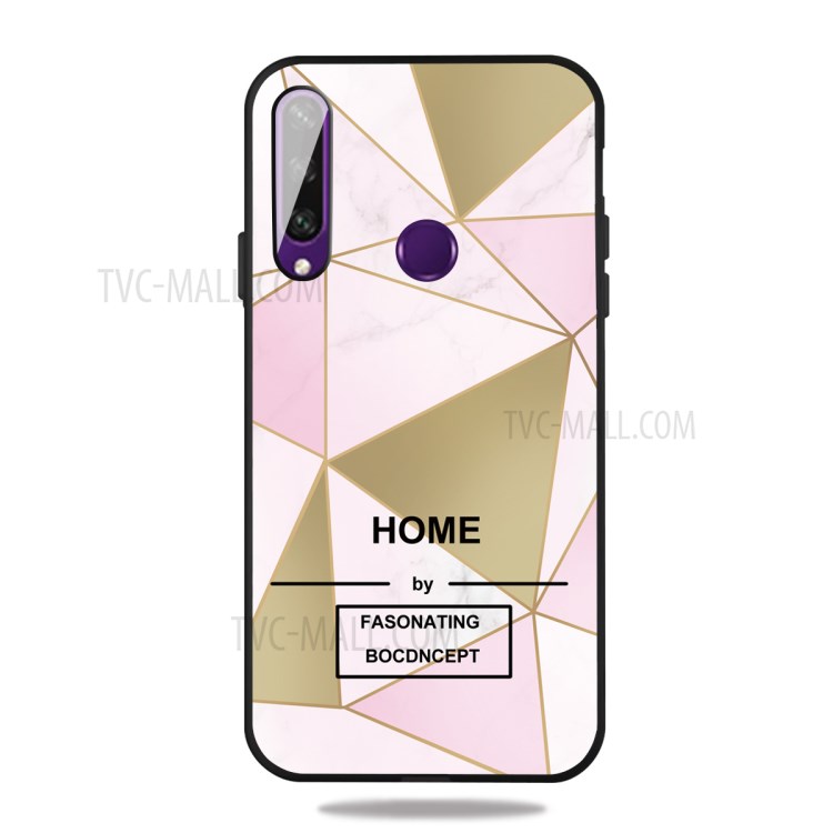 Matte Black TPU Unique Marble Skin Phone Shell for Huawei Y6p - Pink/Gold Triangle-1