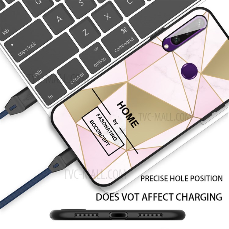 Matte Black TPU Unique Marble Skin Phone Shell for Huawei Y6p - Pink/Gold Triangle-2