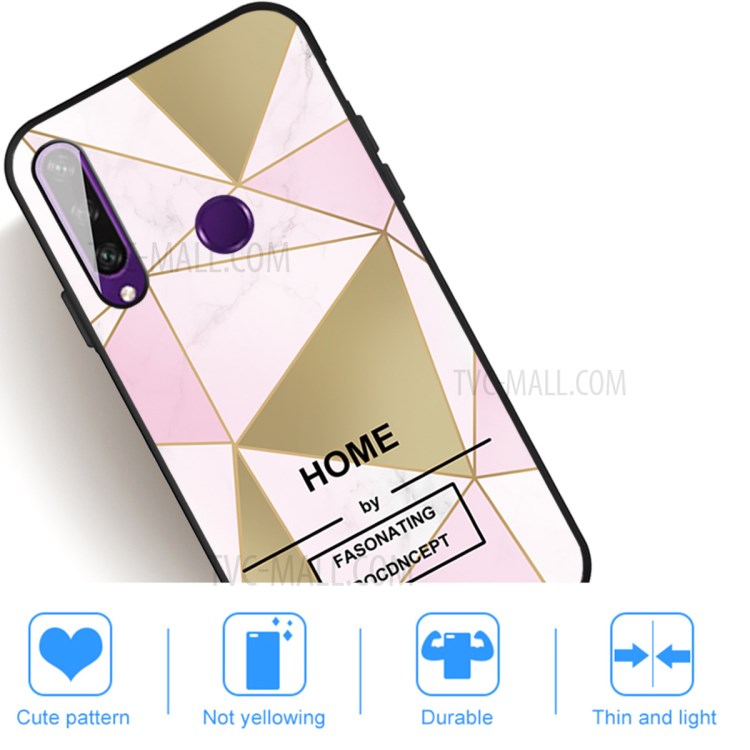 Matte Black TPU Unique Marble Skin Phone Shell for Huawei Y6p - Pink/Gold Triangle-5