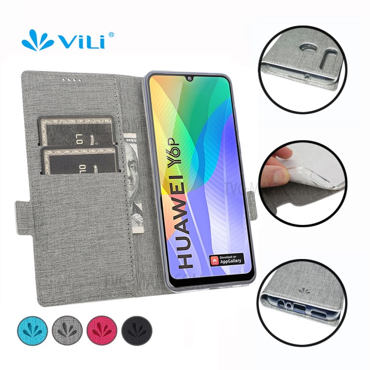 VILI DMK Leather with Double Cards Side Buckle Style Cell Phone Cover for Huawei Y6p - Grey-3