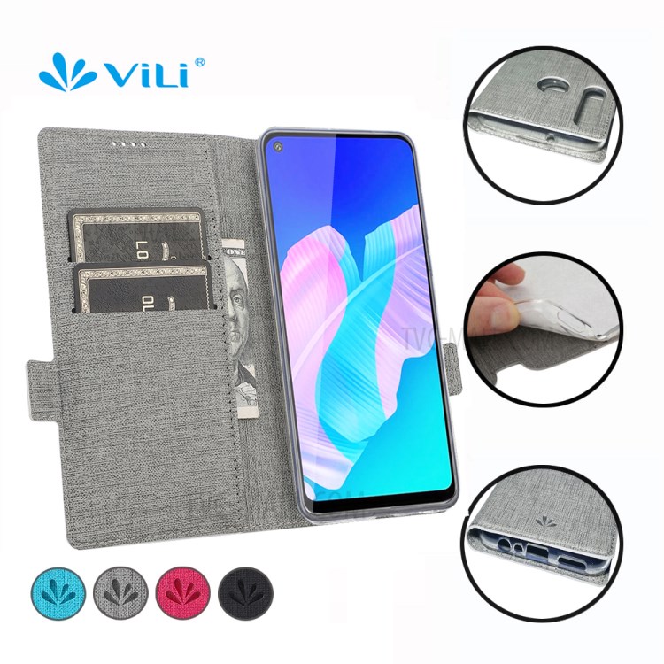 VILI DMK Leather Double Cards Side Buckle Style Phone Cover for Huawei Y7p/P40 lite E - Grey-3