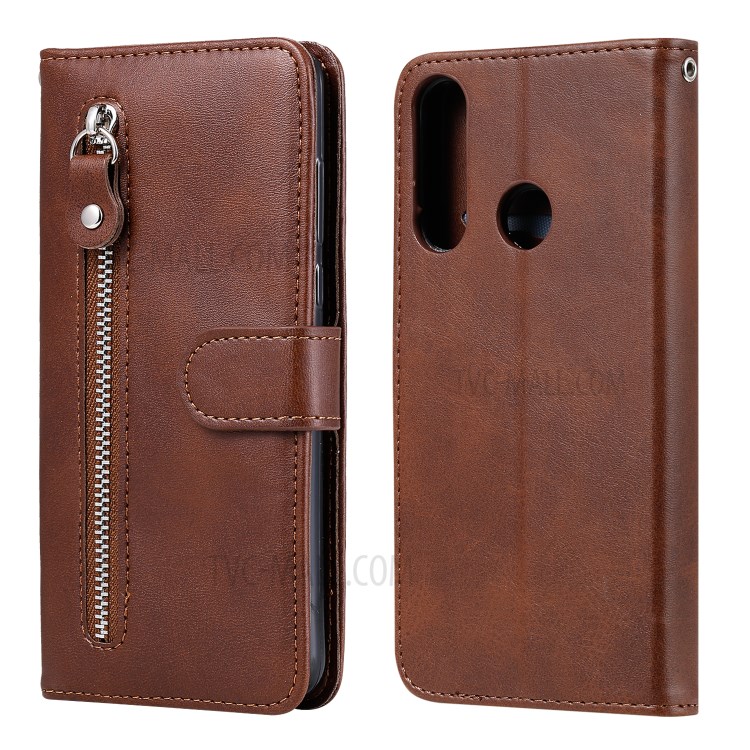 Zipper Pocket Leather Wallet Case for Huawei Y6p - Brown-1