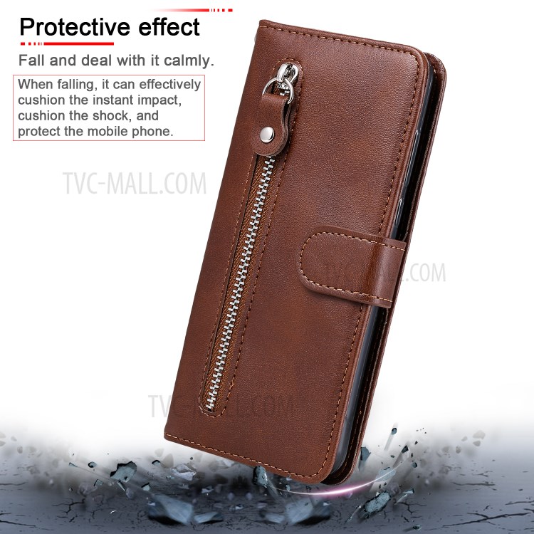 Zipper Pocket Leather Wallet Case for Huawei Y6p - Brown-14