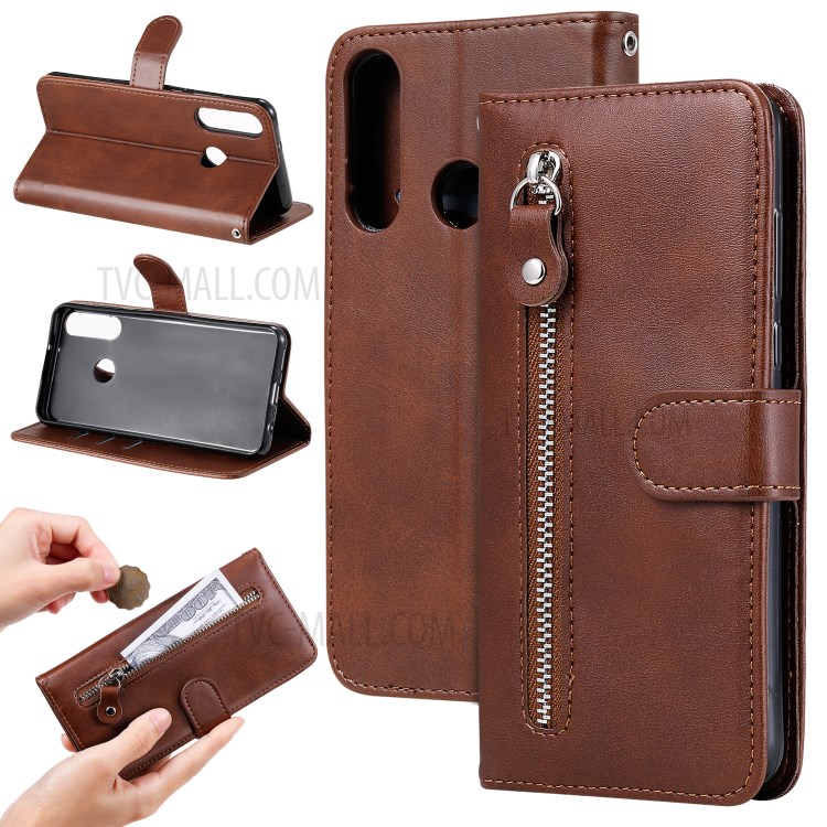 Zipper Pocket Leather Wallet Case for Huawei Y6p - Brown-15