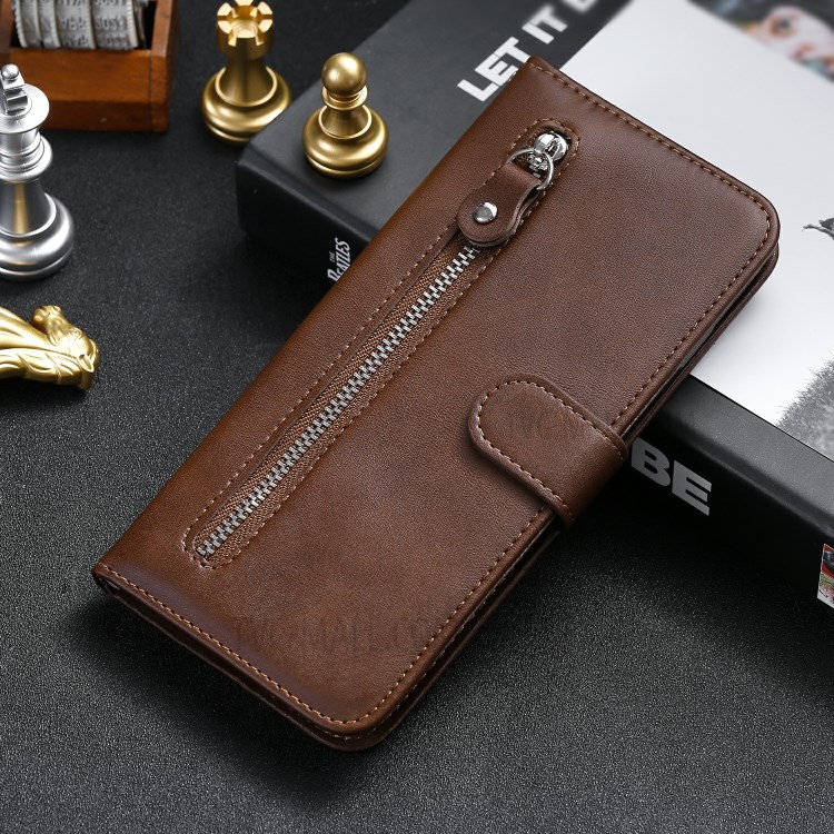 Zipper Pocket Leather Wallet Case for Huawei Y6p - Brown-16