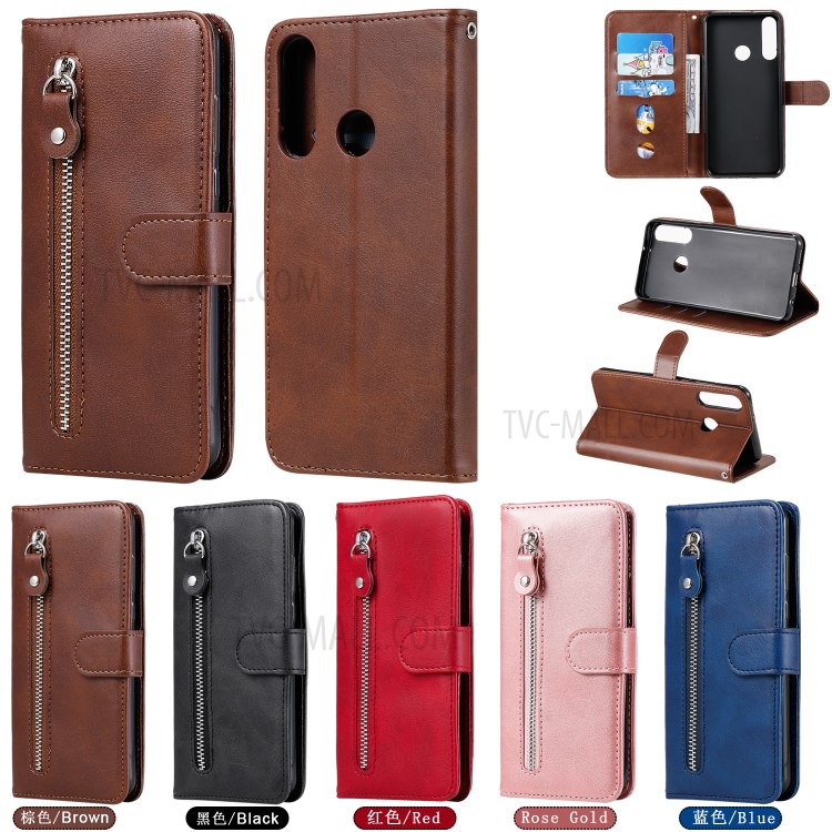 Zipper Pocket Leather Wallet Case for Huawei Y6p - Brown-17