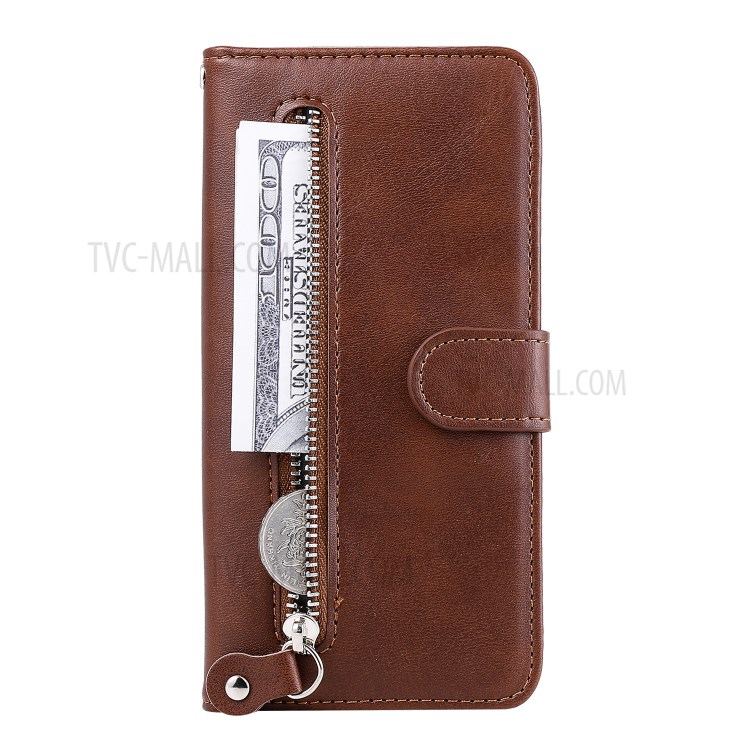 Zipper Pocket Leather Wallet Case for Huawei Y6p - Brown-2