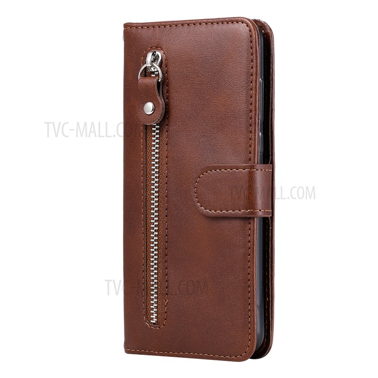 Zipper Pocket Leather Wallet Case for Huawei Y6p - Brown-3