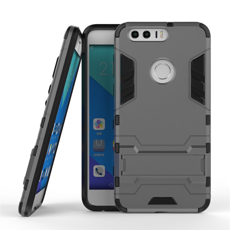 Solid PC + TPU Hybrid Shell Case with Kickstand for Huawei Honor 8 - Grey-2