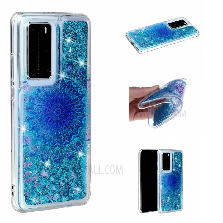 Pattern Printing Glitter Powder Quicksand TPU Back Shell for Huawei P40 Pro - Blue Malanda Flower-1