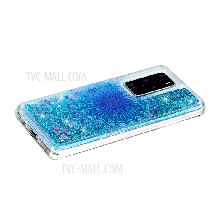 Pattern Printing Glitter Powder Quicksand TPU Back Shell for Huawei P40 Pro - Blue Malanda Flower-4