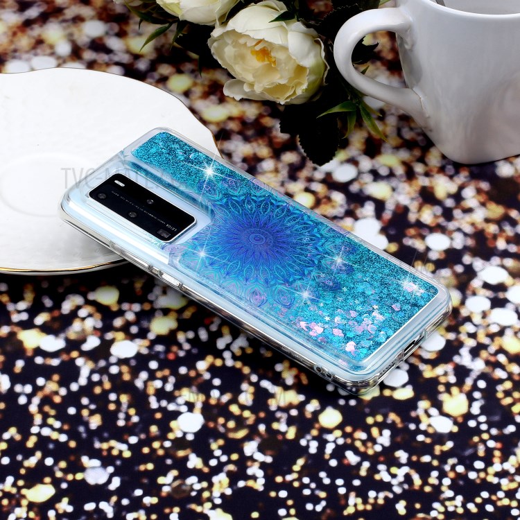 Pattern Printing Glitter Powder Quicksand TPU Back Shell for Huawei P40 Pro - Blue Malanda Flower-7