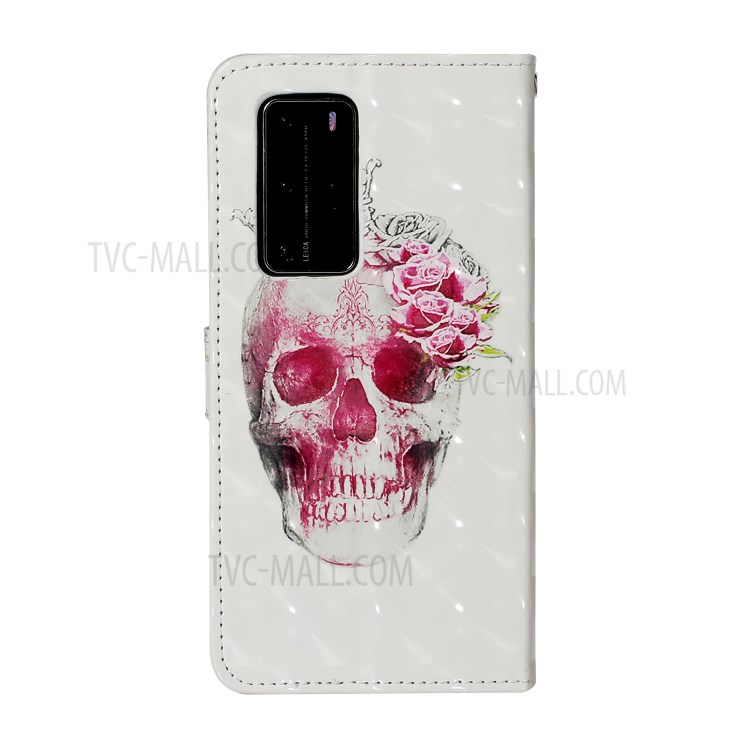 Pattern Printing Case Light Spot Decor Leather Stand Wallet Phone Cover for Huawei P40 Pro - Flower Skull-2