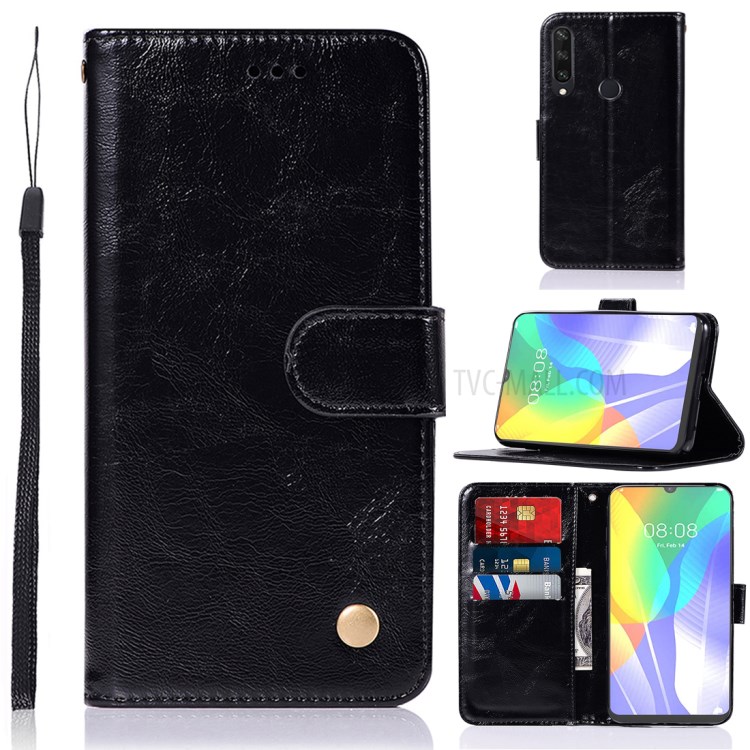 Premium Vintage Leather Wallet Stand Case for Huawei Y6p/Honor 9C - Black-1
