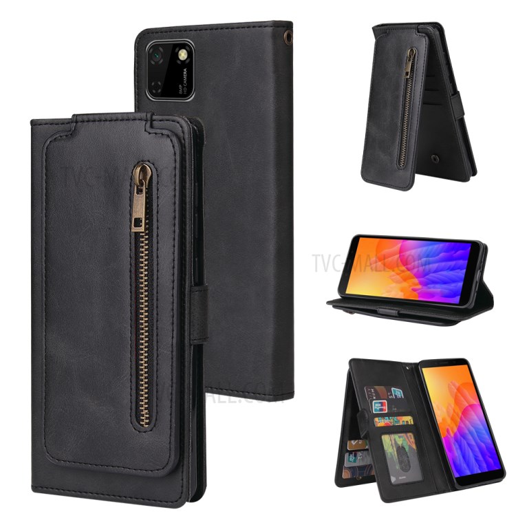 Zipper Pocket 9 Card Slots Leather with Wallet Case for Huawei Y5p - Black-1