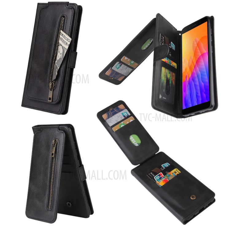 Zipper Pocket 9 Card Slots Leather with Wallet Case for Huawei Y5p - Black-12