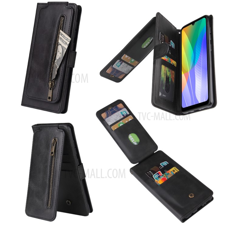 Leather Wallet Zipper Pocket 9 Card Slots Cover for Huawei Y6p - Black-12