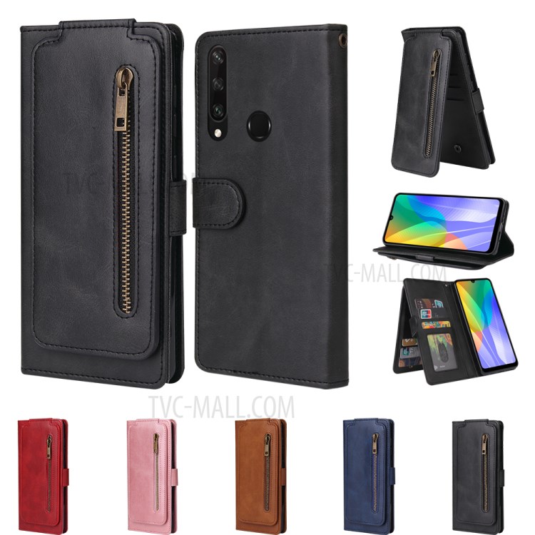 Leather Wallet Zipper Pocket 9 Card Slots Cover for Huawei Y6p - Black-13