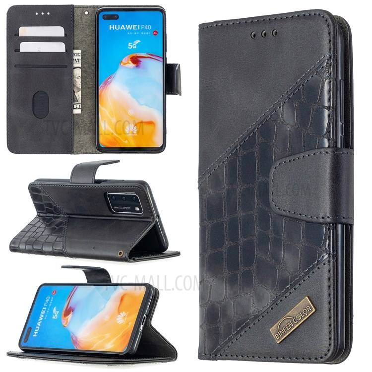 Assorted Color Crocodile Skin Leather Wallet Phone Case for Huawei P40 - Black-1