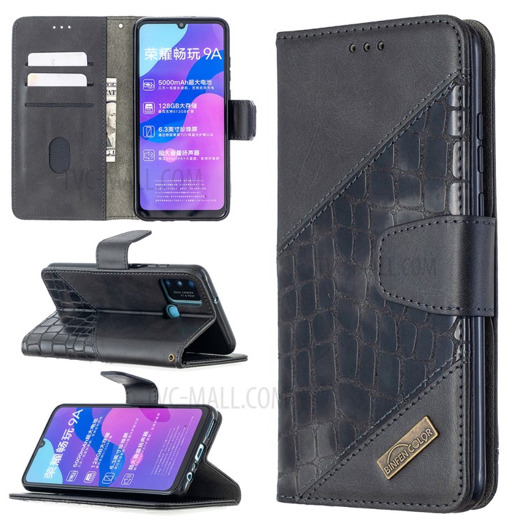 Crocodile Skin Assorted Color Leather Mobile Phone Cover with Wallet for Honor 9A - Black-1