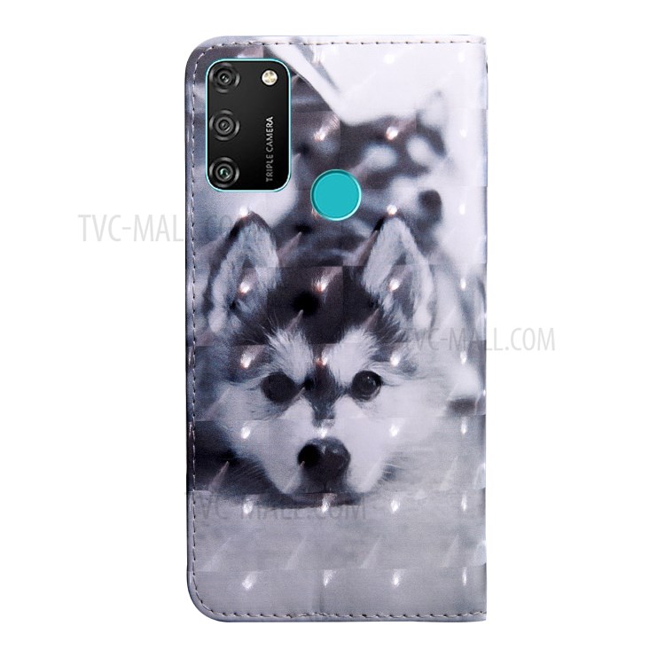 Light Spot Decor Patterned Leather Wallet Stand Case for Honor 9A - Black and White Wolf-3