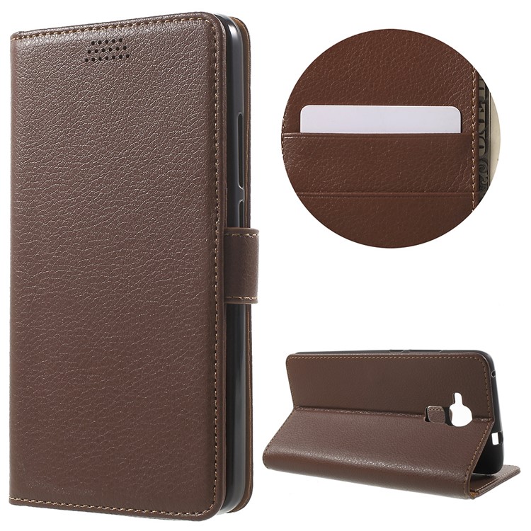 Lychee Grain Card Holder Leather Stand Shell for Huawei Honor 5c / GT3 - Brown-1
