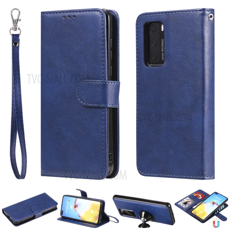 Solid Color Detachable 2-in-1 Leather Phone Cover Case for Huawei P40 - Blue-1
