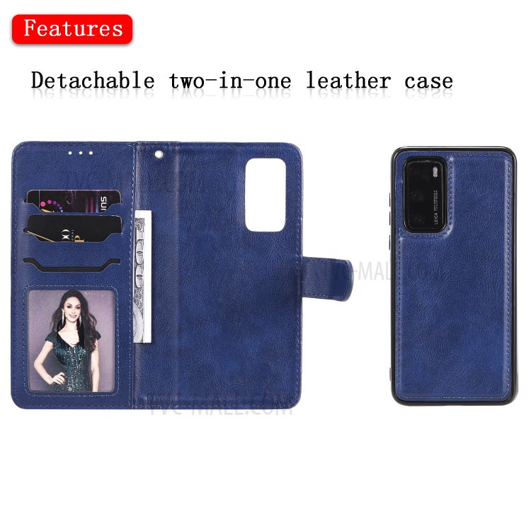 Solid Color Detachable 2-in-1 Leather Phone Cover Case for Huawei P40 - Blue-4