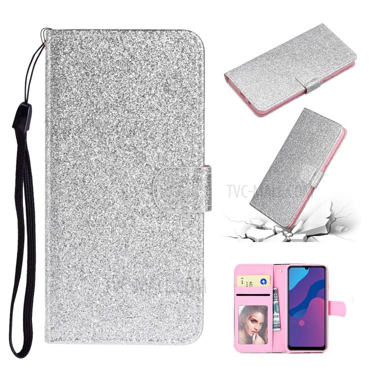 Flash Powder Leather Stand Phone Case with Card Slots for Huawei P smart 2020 - Silver-1