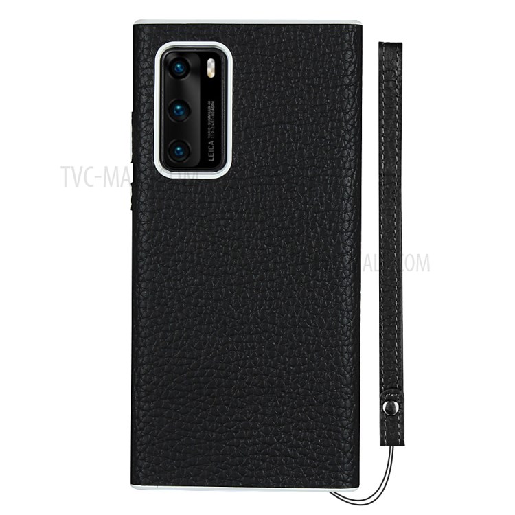 Litchi Skin Genuine Leather Coated TPU Back Case for Huawei P40 - Black-2