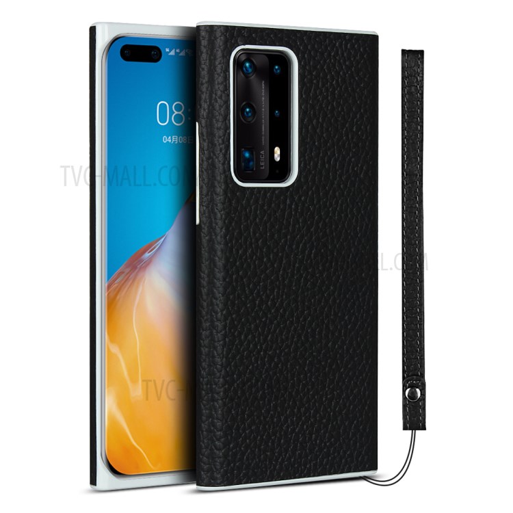 Litchi Skin Genuine Leather Coated TPU Back Cover for Huawei P40 Pro Plus - Black-1