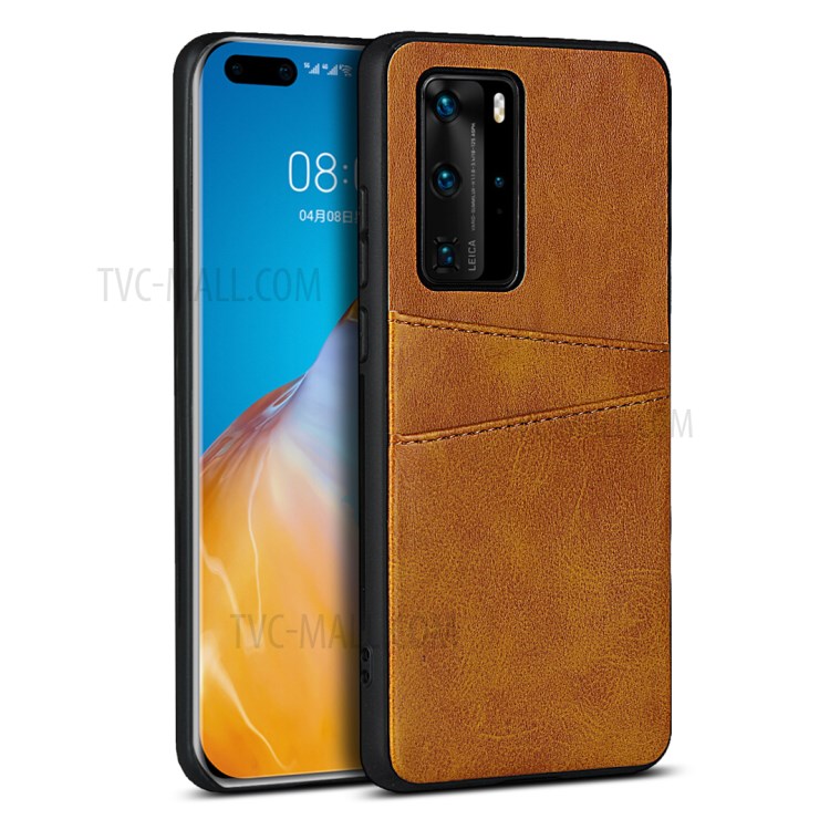 Dual Card Slots PU Leather Coated TPU Phone Shell for Huawei P40 Pro - Brown-1