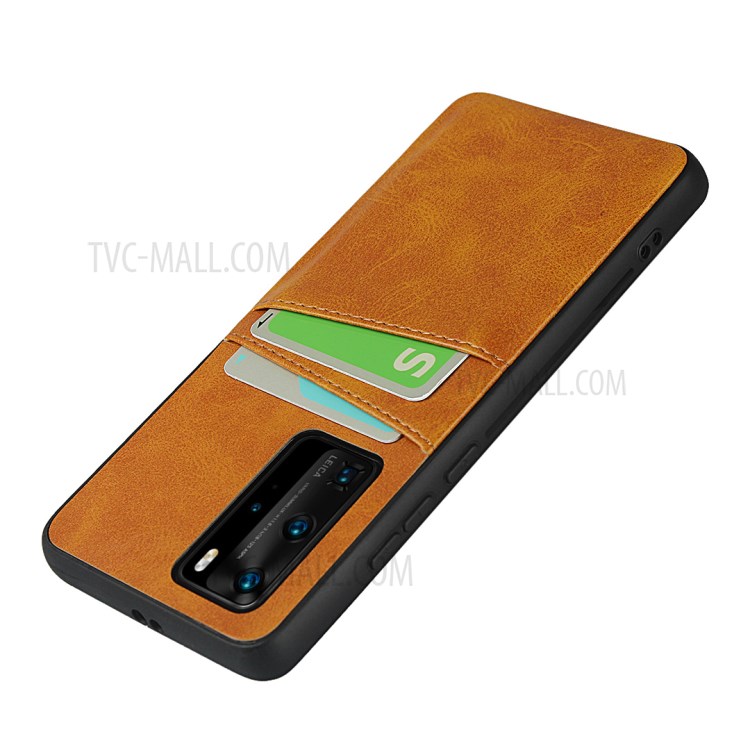 Dual Card Slots PU Leather Coated TPU Phone Shell for Huawei P40 Pro - Brown-5