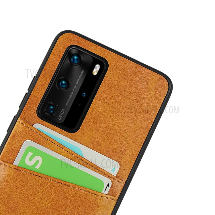 Dual Card Slots PU Leather Coated TPU Phone Shell for Huawei P40 Pro - Brown-6