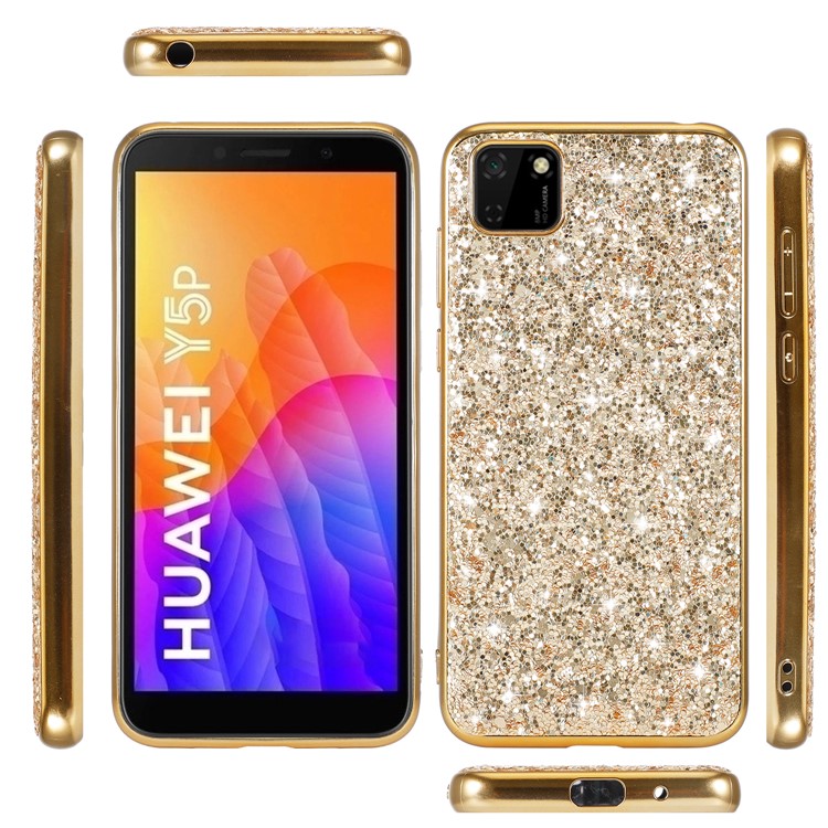 Paillettes Scintillanti Frame TPU Placcato + Shell Ibrido PC Per Huawei Y5p - Oro