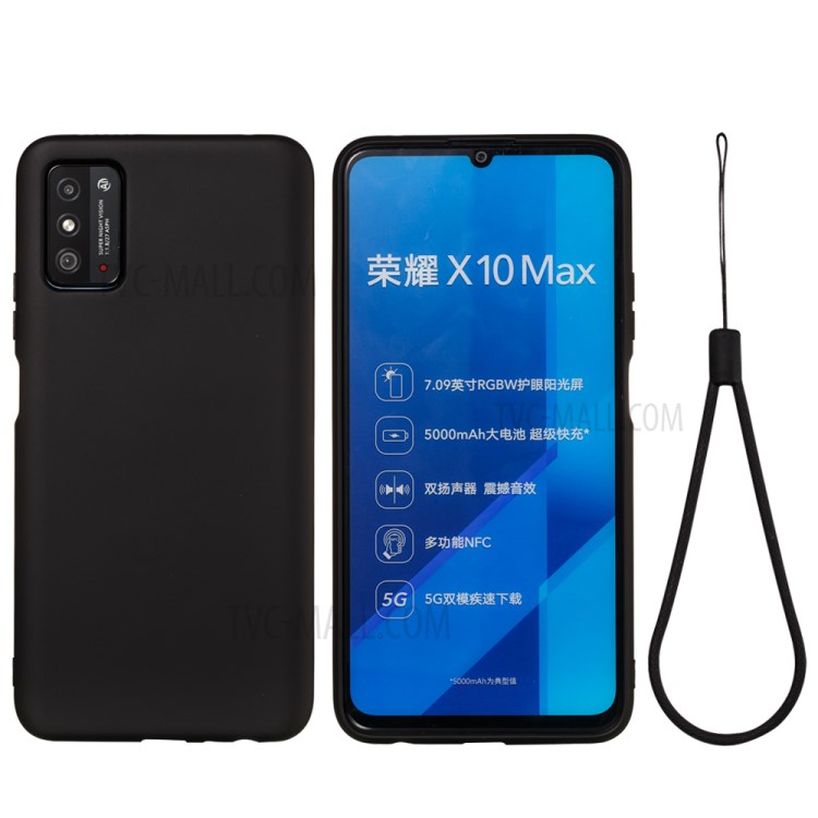 Liquid Silicone Soft Phone Cover with Strap for Honor X10 Max - Black-1