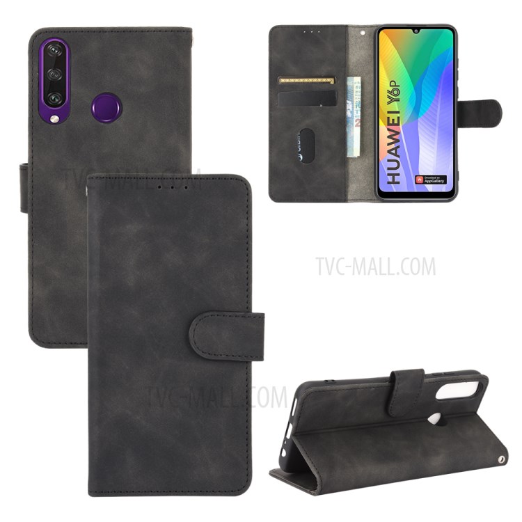 Skin-touch Wallet Stand Leather Flip Shell for Huawei Y6p - Black-1