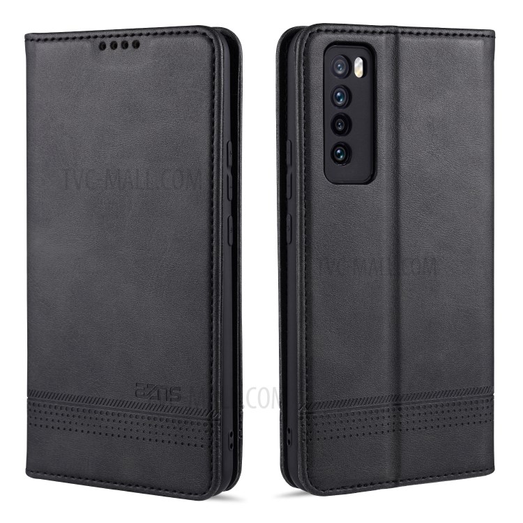 AZNS Magnetic Absorbed Leather Wallet Cover Case for Huawei Nova 7 5G - Black-1