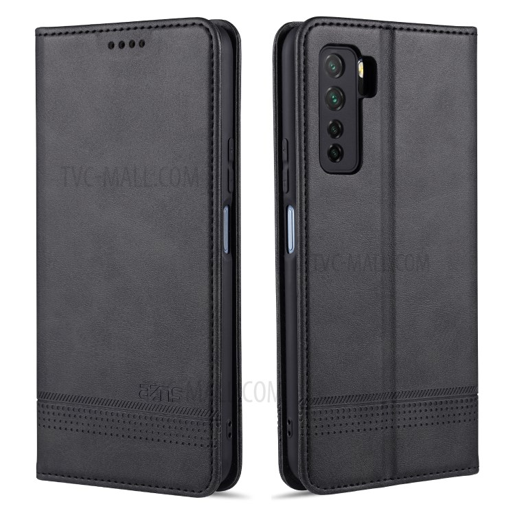 AZNS Magnetic Absorbed Leather Wallet Cover Case for Huawei Nova 7 SE / Huawei P40 Lite 5G (European Version) - Black-1