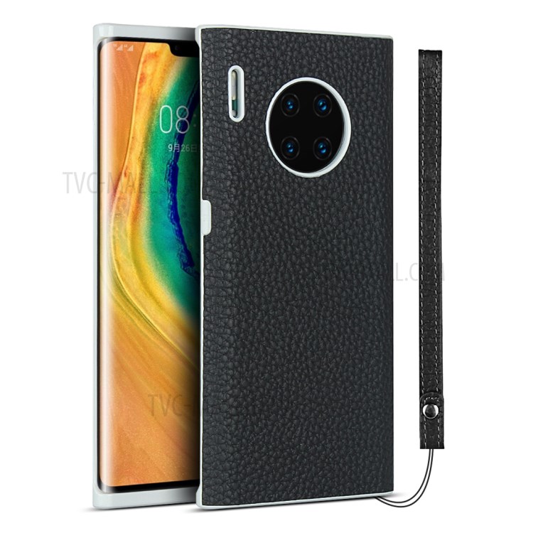 Litchi Texture Genuine Leather Coated TPU Shell (White Inner) for Huawei Mate 30 Pro - Black-1