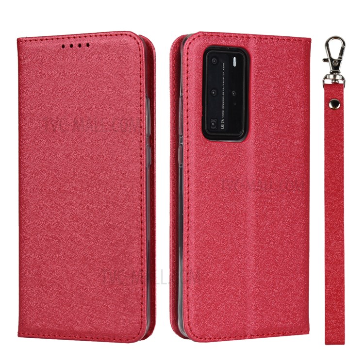 Silk Texture Leather Stand Case with Card Slots for Huawei P40 Pro - Red-1